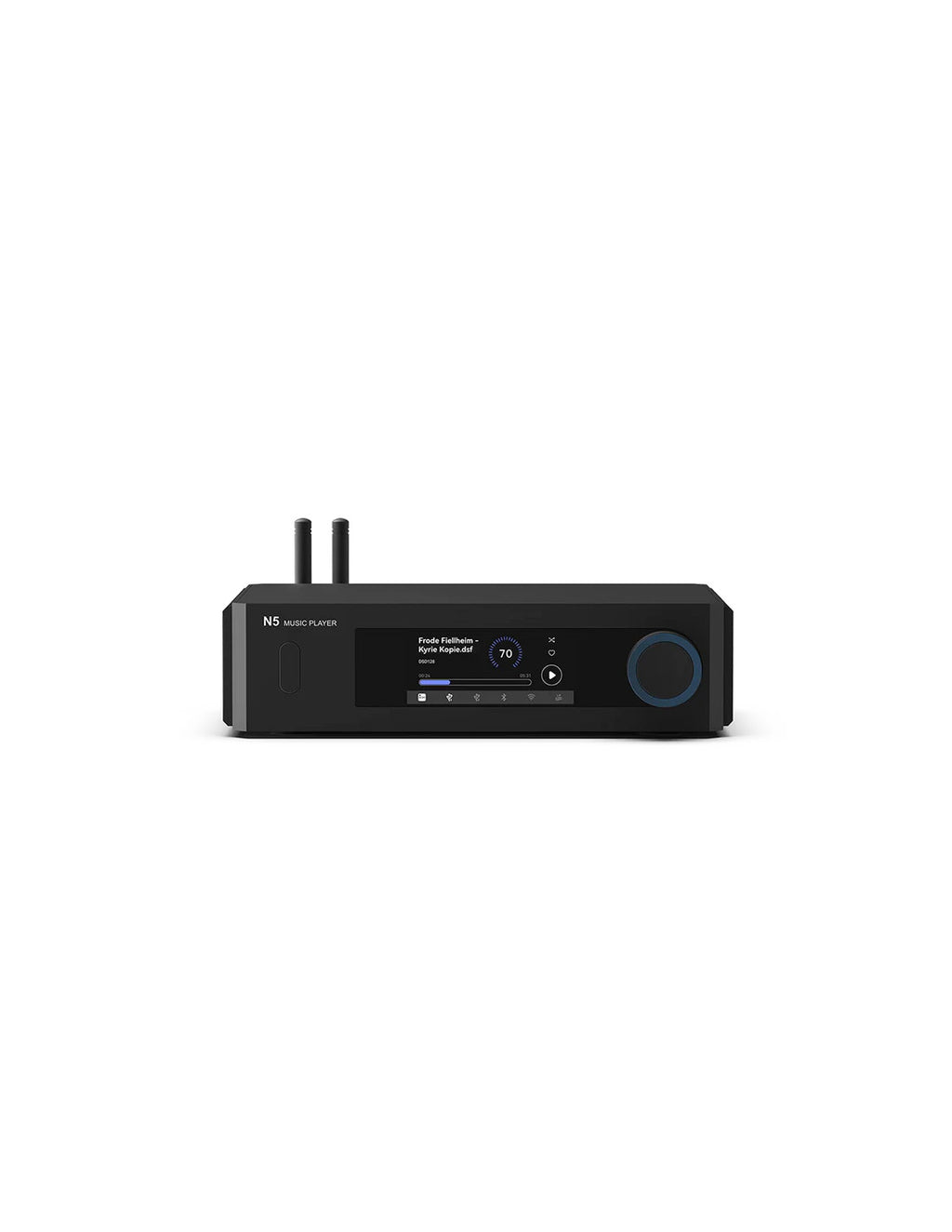 Black streaming music player front with display, volume knob, and twin antennas