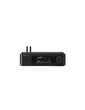 Black streaming music player front with display, volume knob, and twin antennas