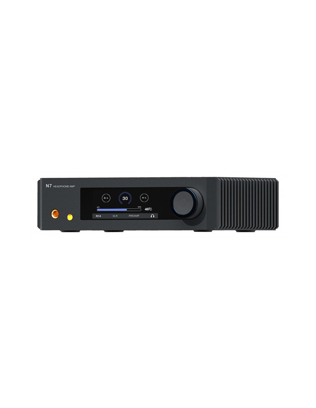 aune N7D headphone amplifier with onboard DAC, blue display, controls, and volume knob
