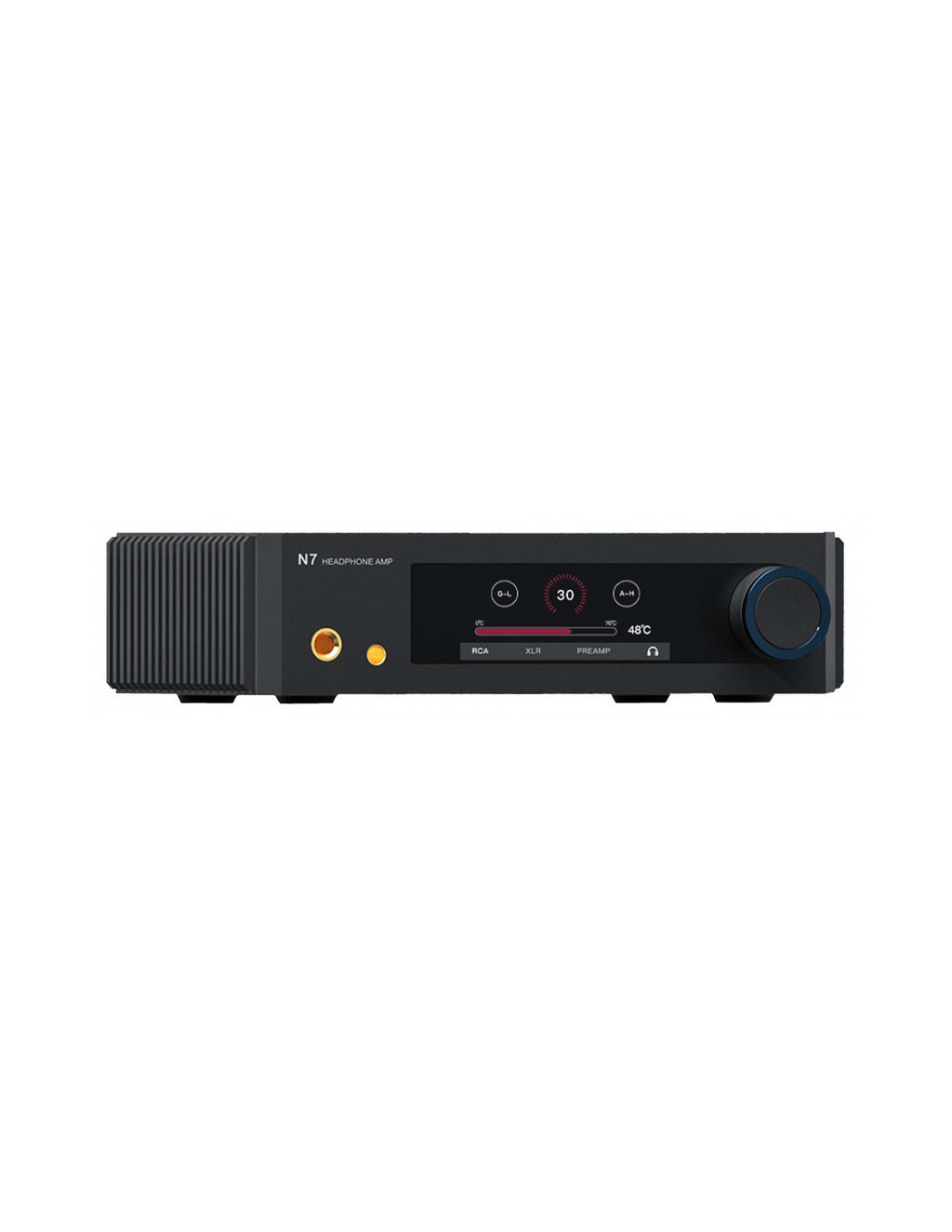 aune N7D headphone amplifier with onboard DAC, blue display and large volume knob