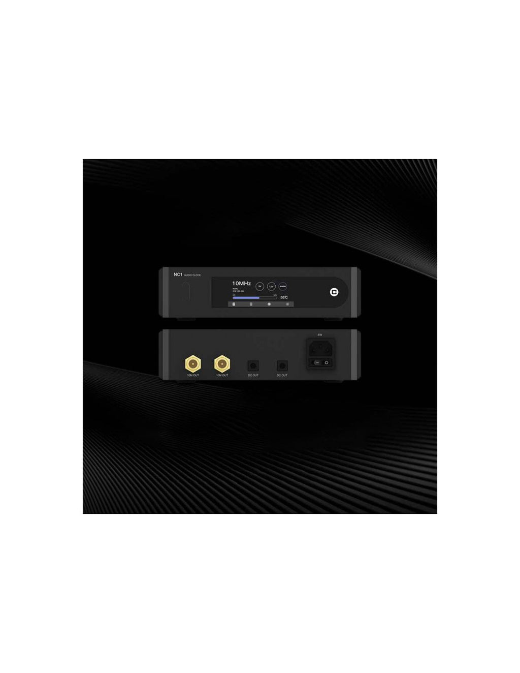 Black audio clock module front display and rear I/O panel with RCA and power