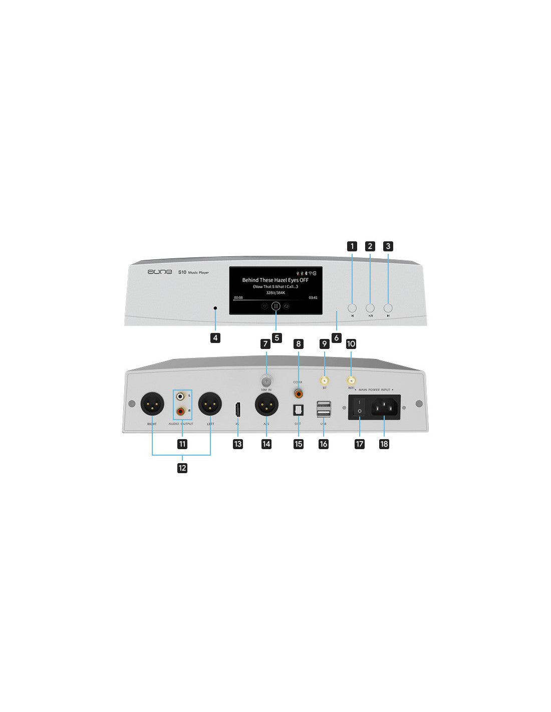 Audio streamer rear-panel port layout diagram over the back panel