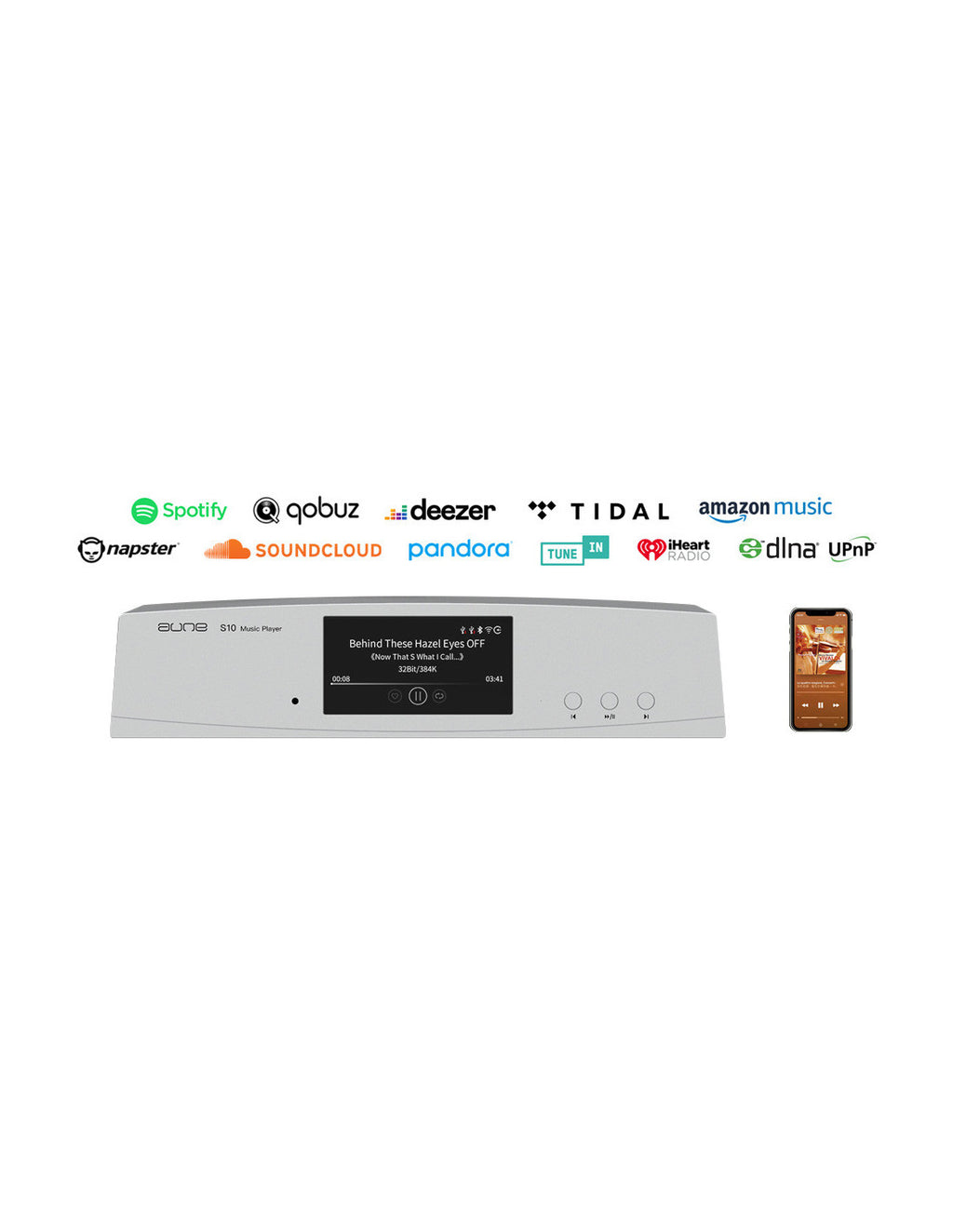 Silver streaming audio streamer with app logo icons over the front panel