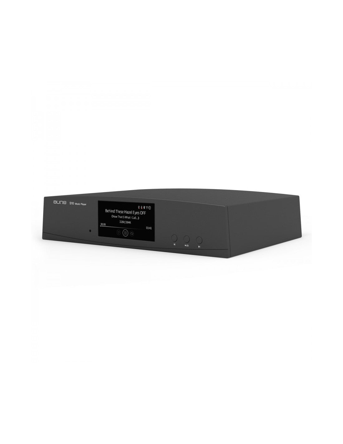 Black streaming audio streamer with front display and control knobs