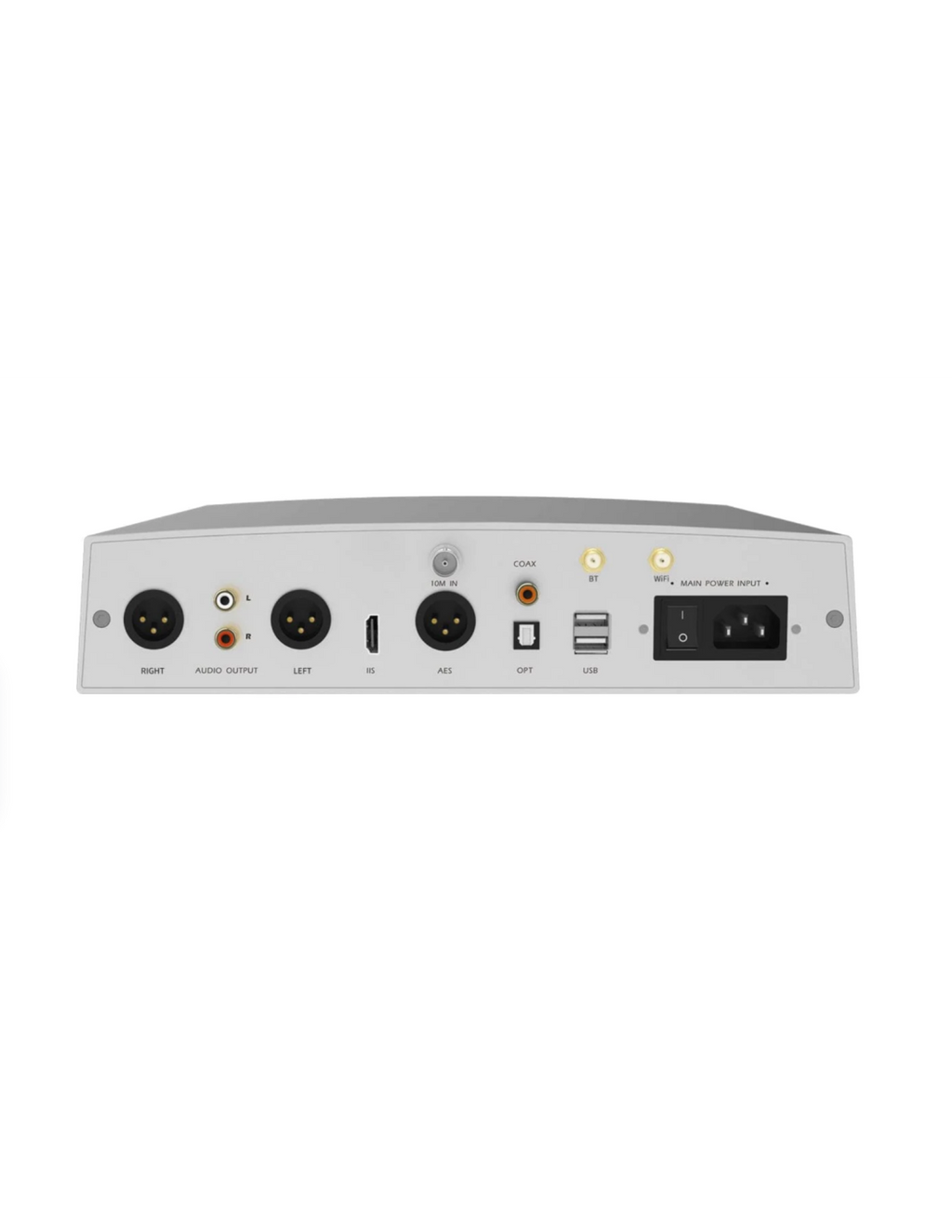 Silver audio streamer rear panel with ports and connectivity labels