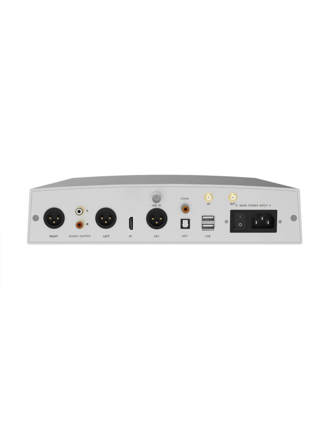 Silver audio streamer rear panel with ports and connectivity labels