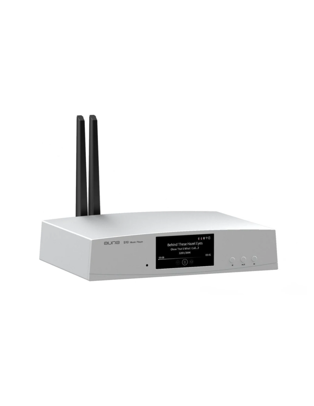 Silver streaming audio streamer with twin antennas and front display