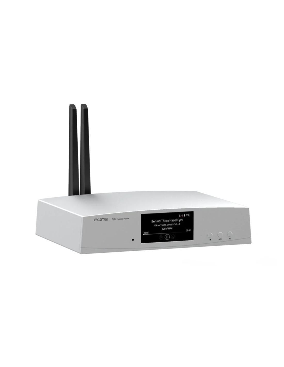 Silver streaming audio streamer with twin antennas and front display