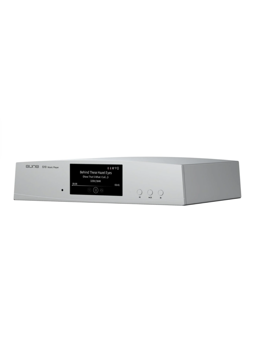 Silver streaming audio streamer with front display and control buttons