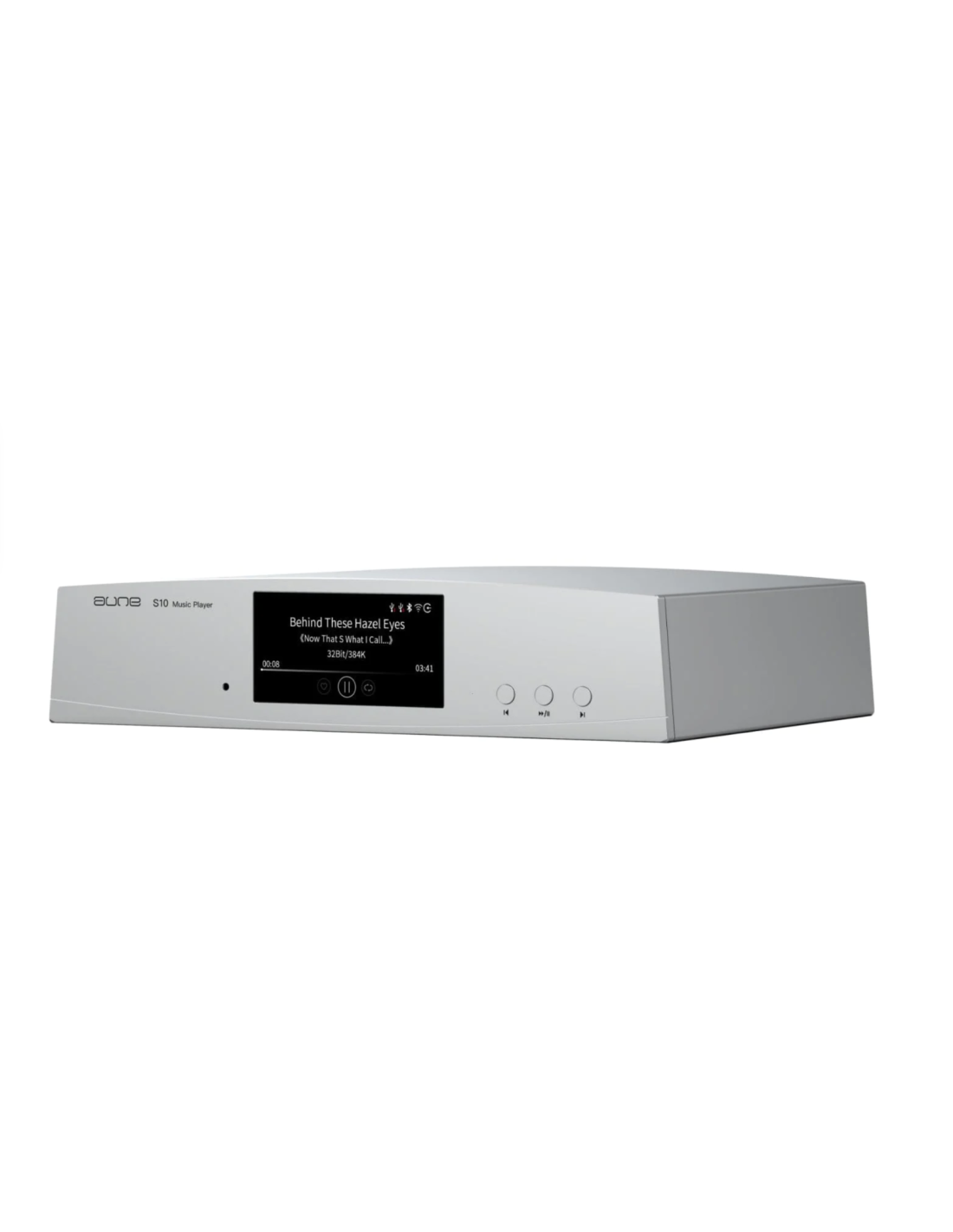 Silver streaming audio streamer with front display and control buttons