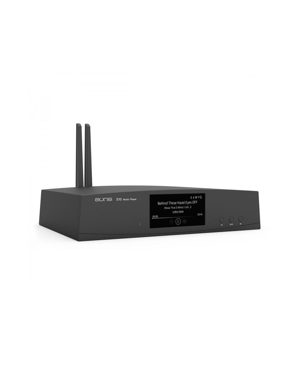 Black streaming audio streamer with twin antennas and front display