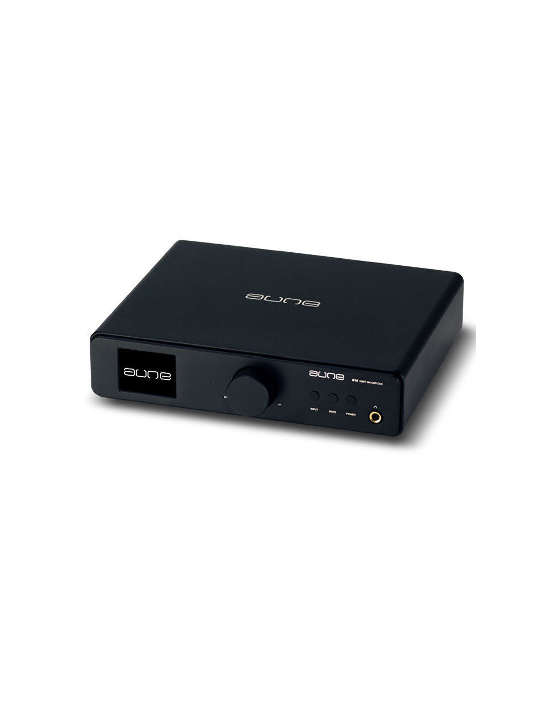 Black Aune S16 DAC/headphone amplifier desktop unit with volume knob and front ports