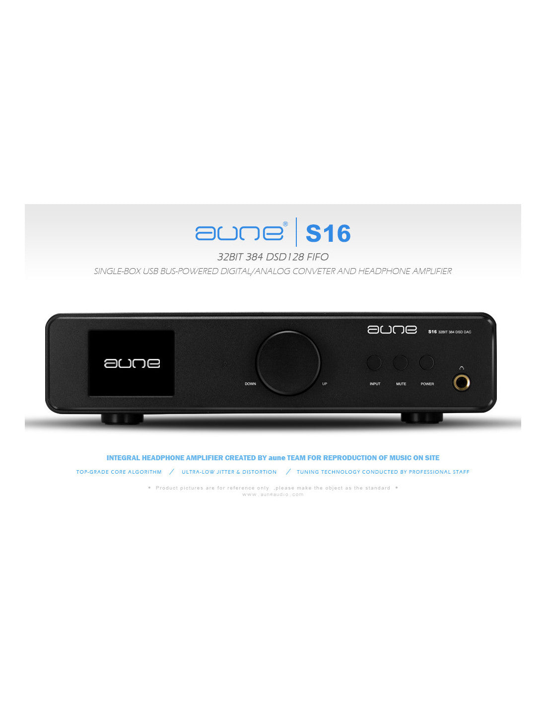 Black Aune S16 DAC/headphone amplifier front view with large volume knob