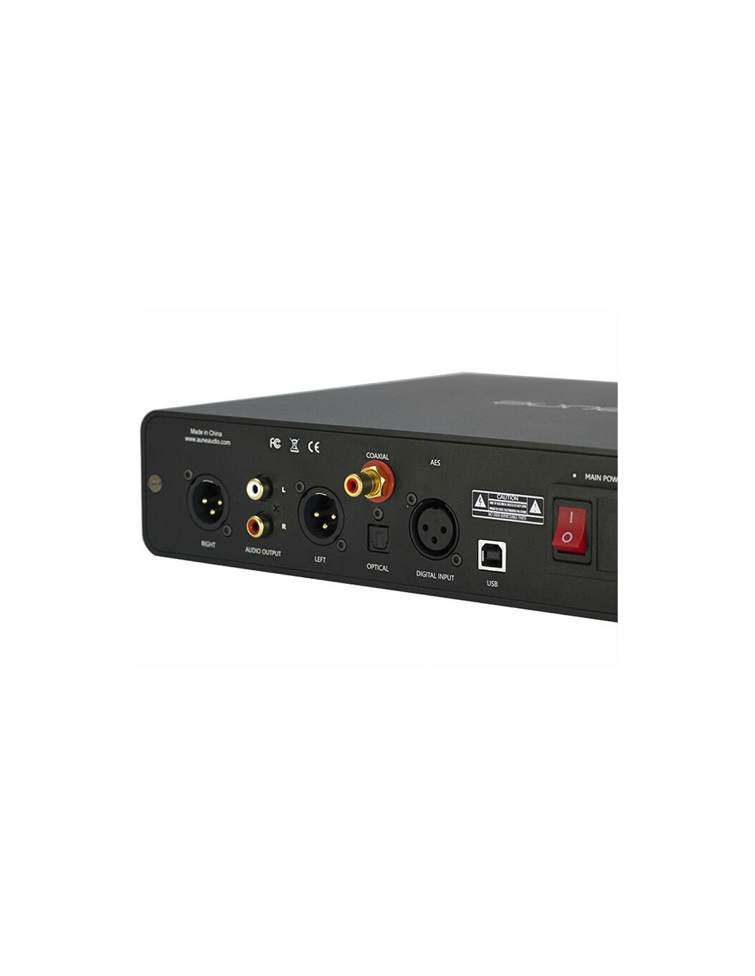 Black Aune S16 DAC/headphone amplifier rear panel with audio and power connectors