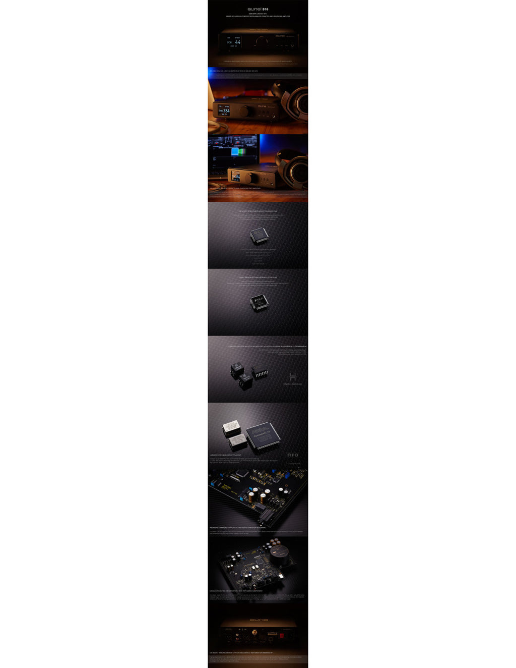 Black Aune S16 DAC/headphone amplifier shown in multiple angles