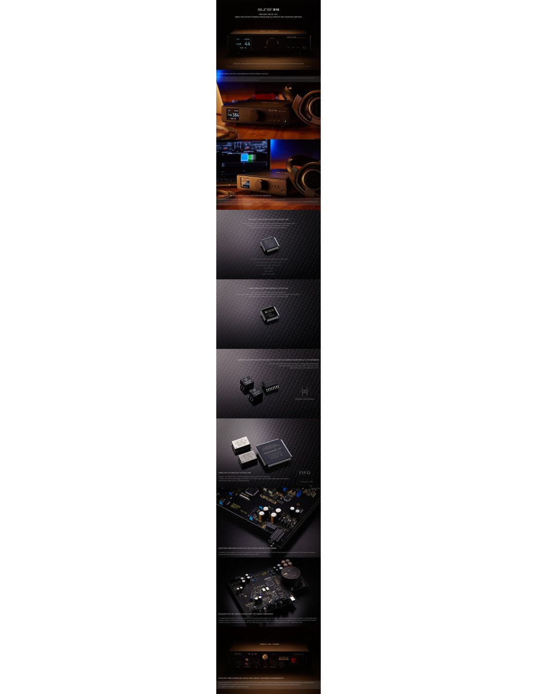 Black Aune S16 DAC/headphone amplifier shown in multiple angles