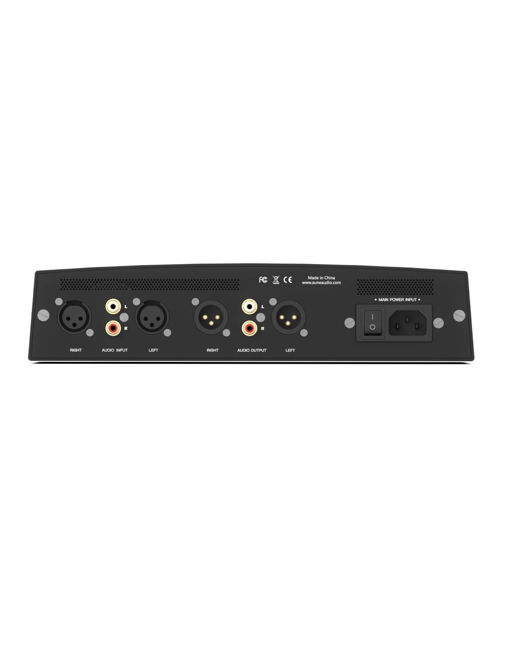 Black aune S17 Pro EVO headphone amplifier rear panel with input/output ports and power switch