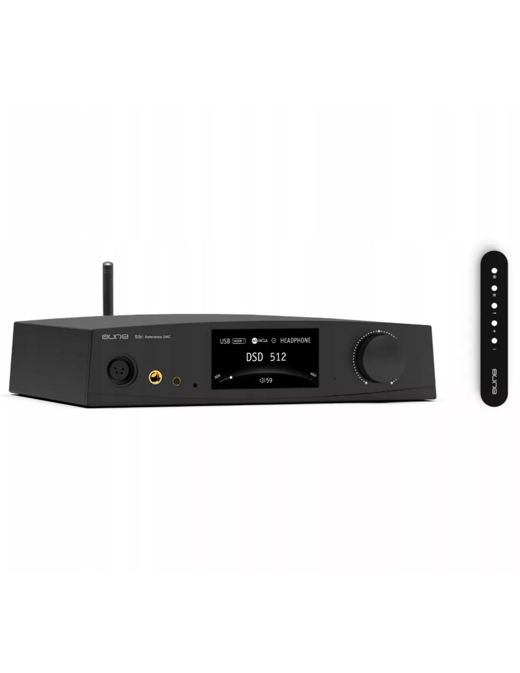 Black headphone DAC amplifier with front display, volume knob, and included remote