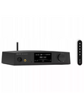 Black headphone DAC amplifier with front display, volume knob, and included remote