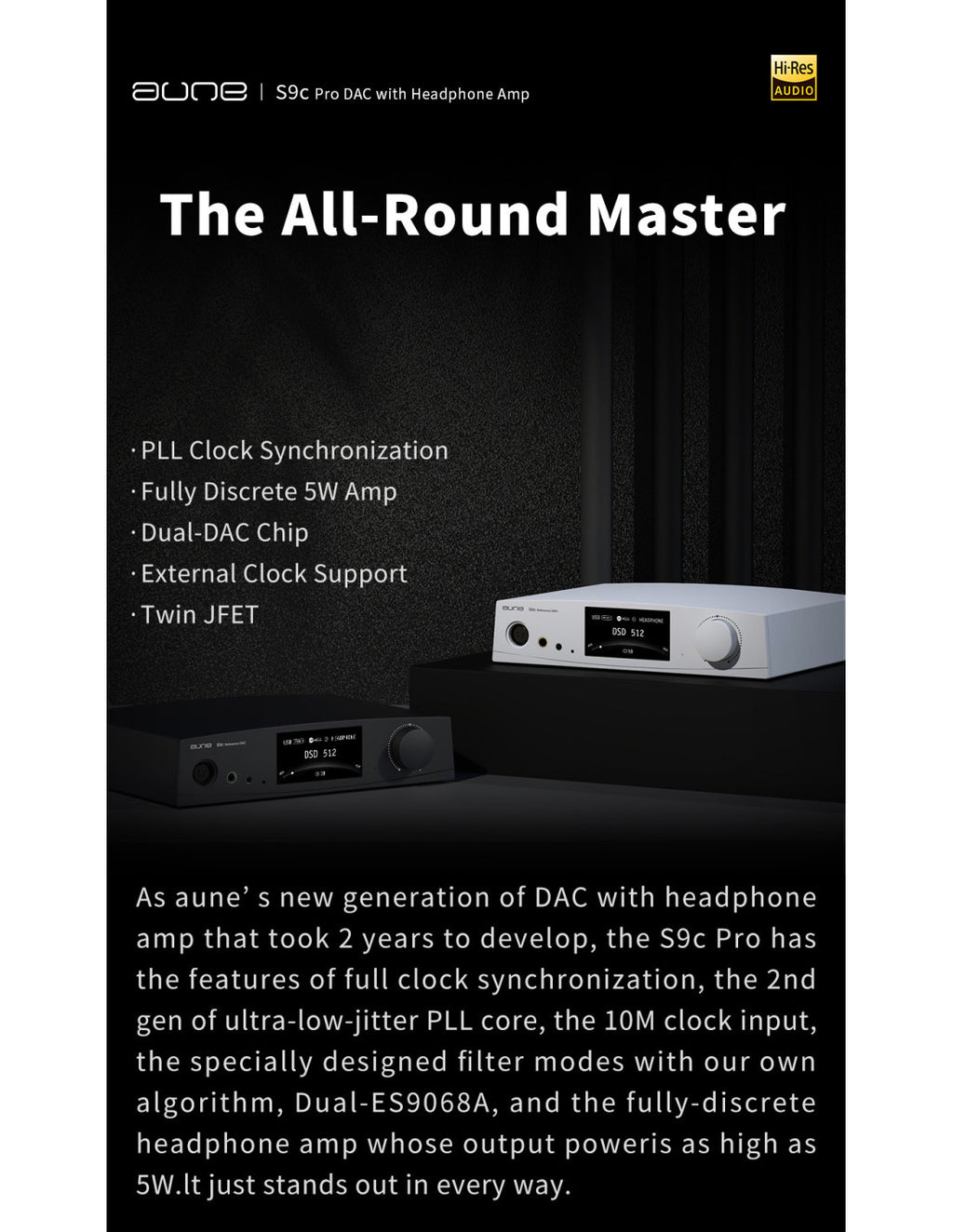 Headphone DAC amplifier with front display, large volume knob, and input buttons