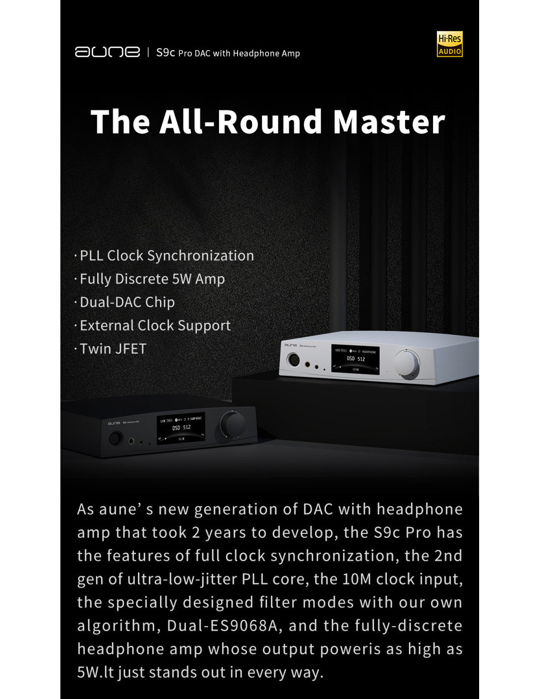 A product promotional graphic for the aune S9c Pro DAC with headphone amp. The design features a black background with white text highlighting key features like PLL Clock Synchronization and a silver-and-white product photo showing the DAC and its headphone amp companion.