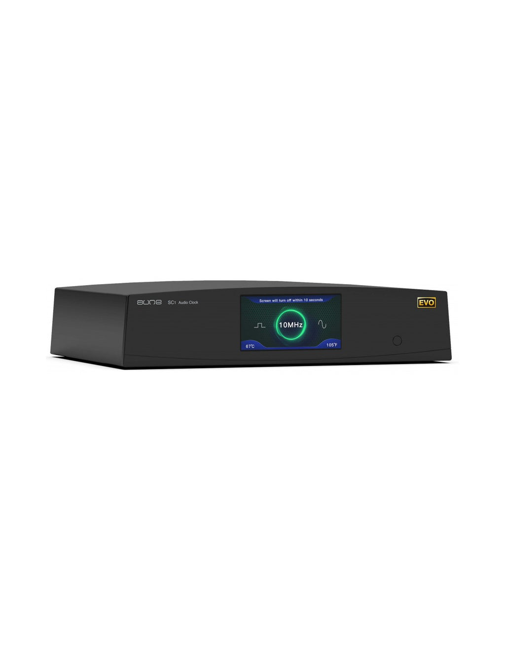 aune SC1 EVO clock, black front with blue display and EVO badge