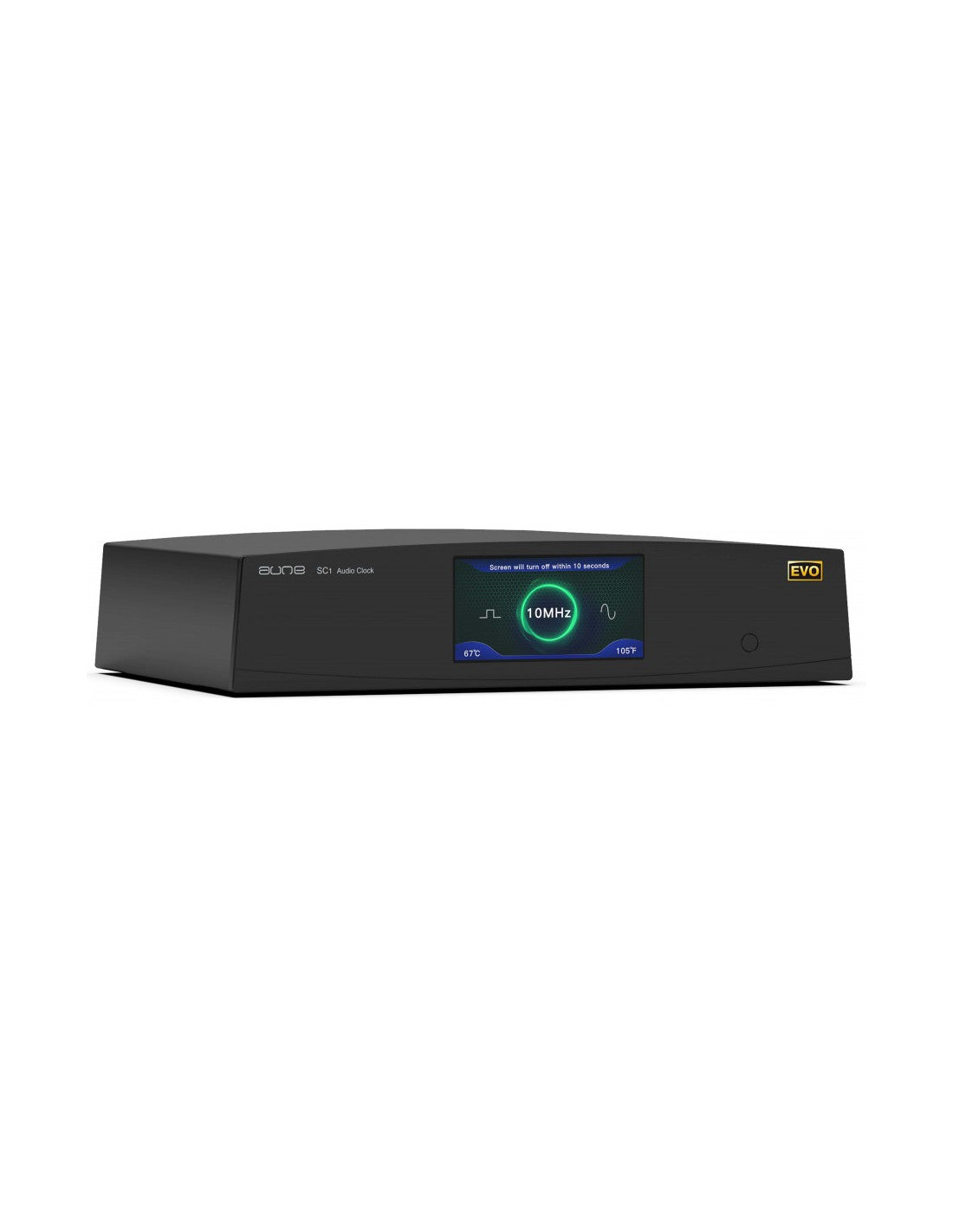 aune SC1 EVO clock, black front with blue display and EVO badge