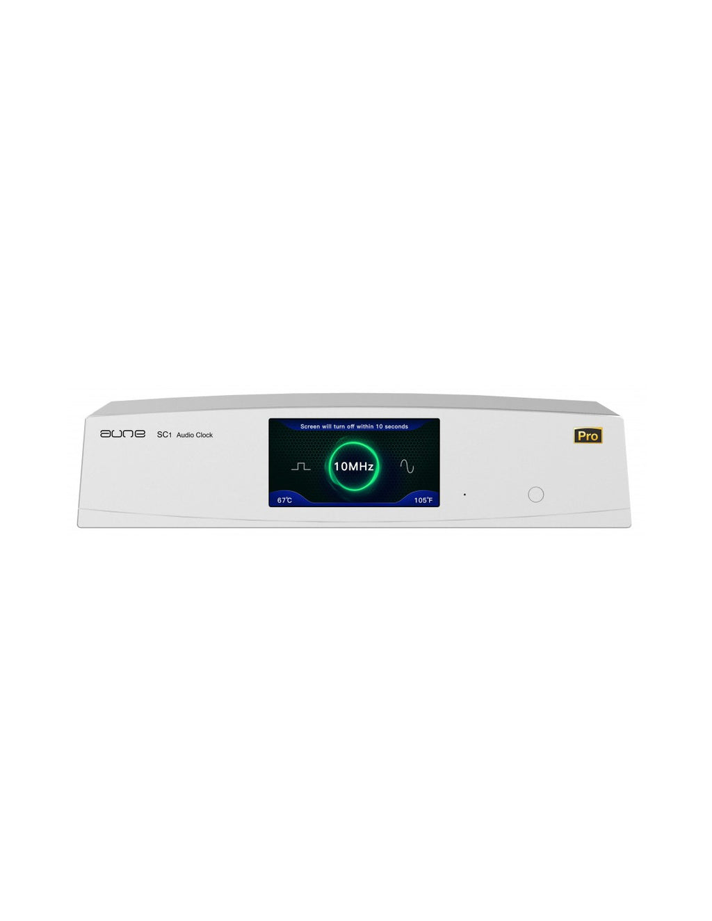 aune SC1 EVO clock, silver front with blue 10MHz display