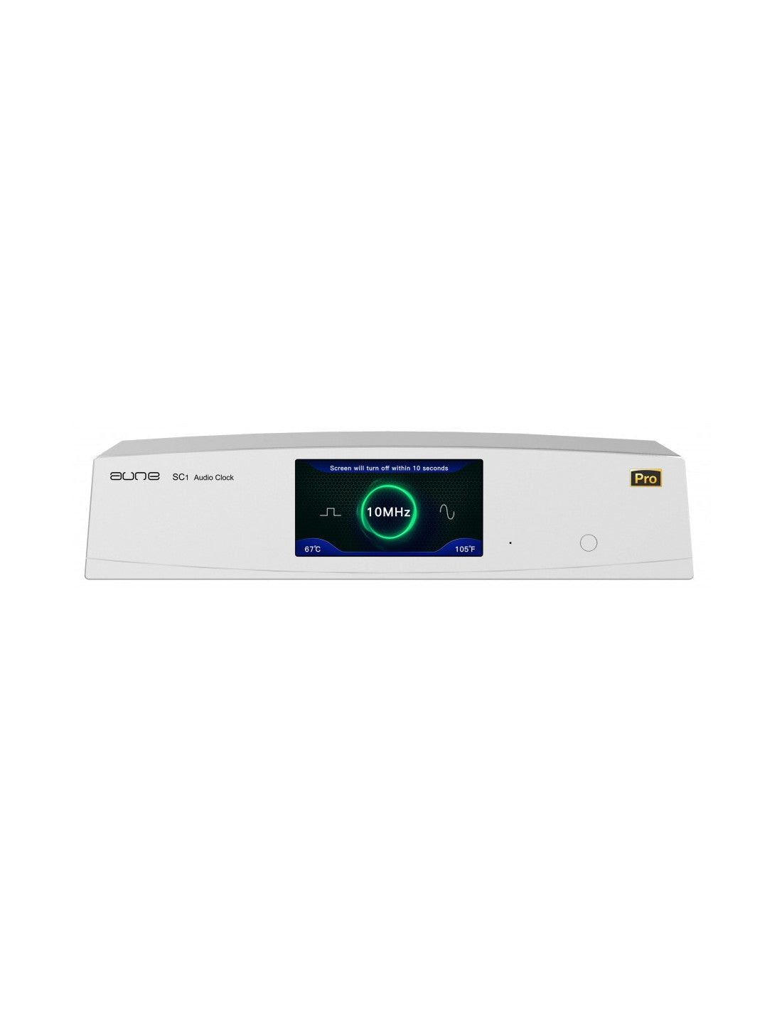 aune SC1 EVO clock, silver front with blue 10MHz display
