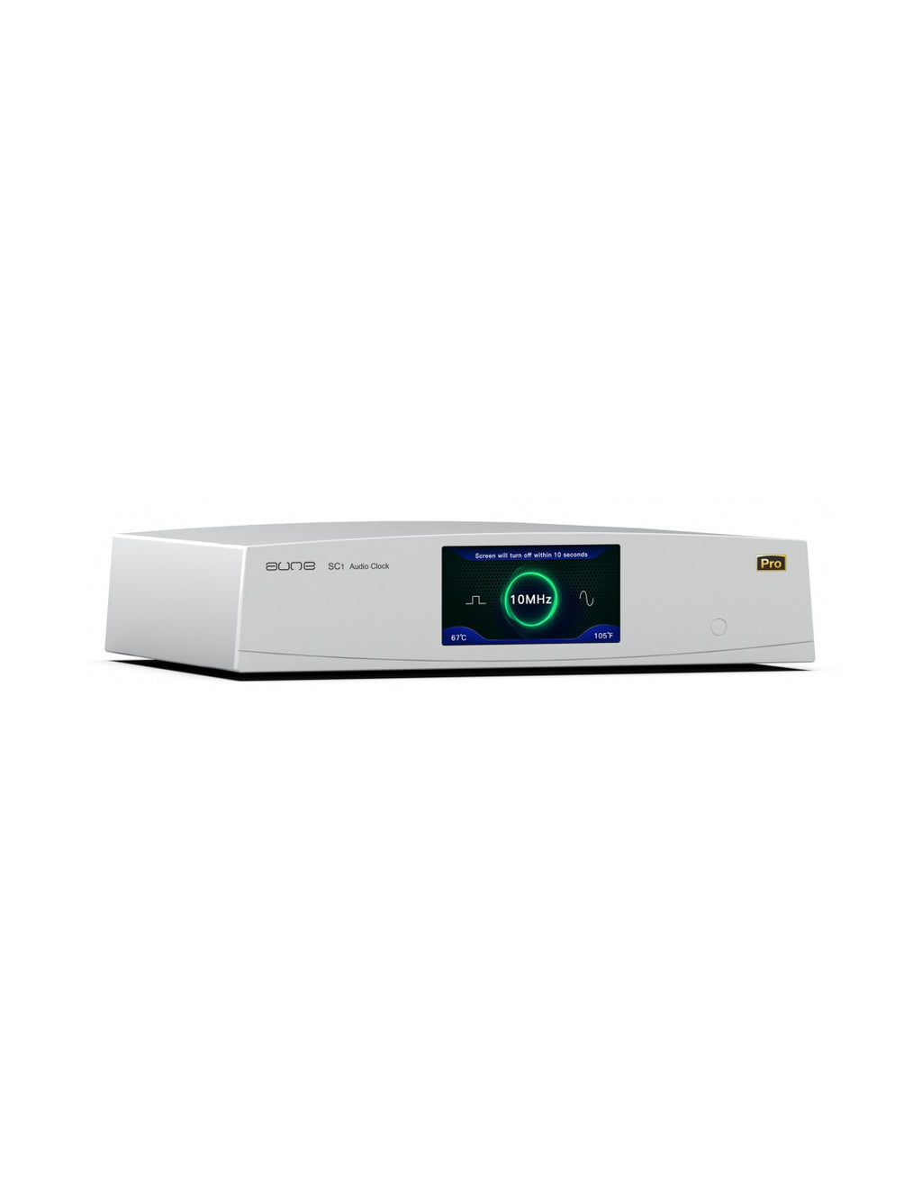 aune SC1 EVO clock, silver front with blue display and Pro badge