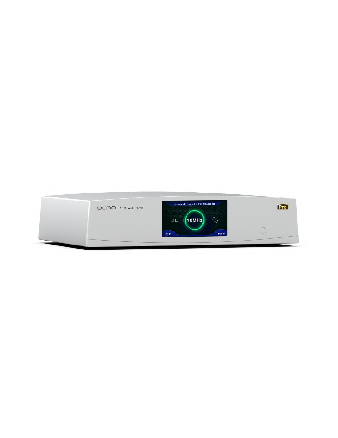 aune SC1 EVO clock, silver front with blue display and Pro badge
