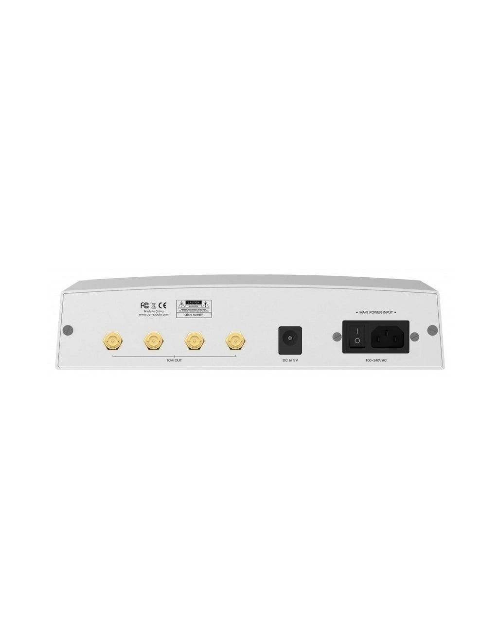 aune SC1 EVO clock in silver, rear panel with gold output knobs and ports