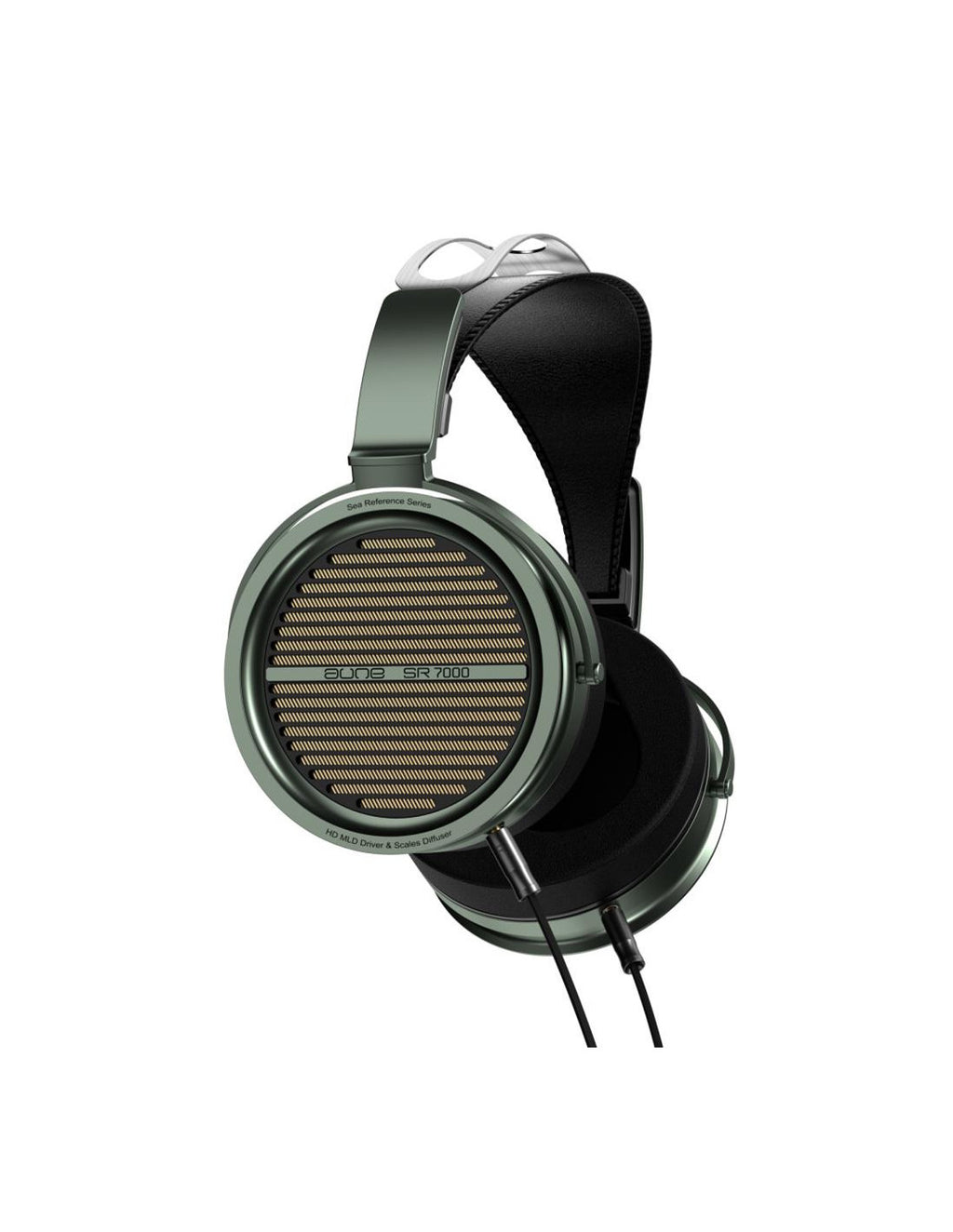Closed-back circumaural headphones with green outer ring, black earcups, and silver headband