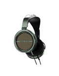 Closed-back circumaural headphones with green outer ring, black earcups, and silver headband