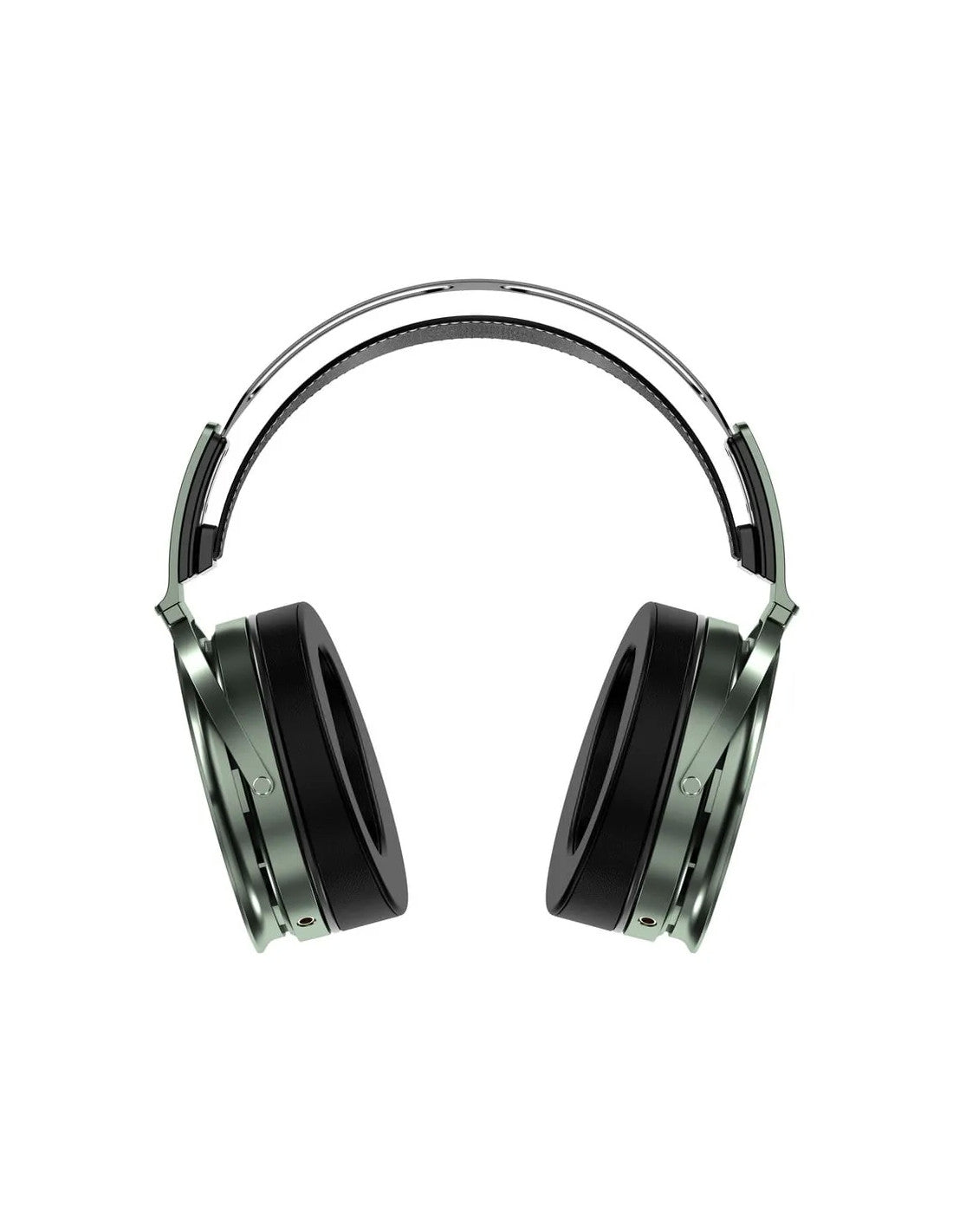 Closed-back circumaural headphones, side view with green metal frame and black earcups