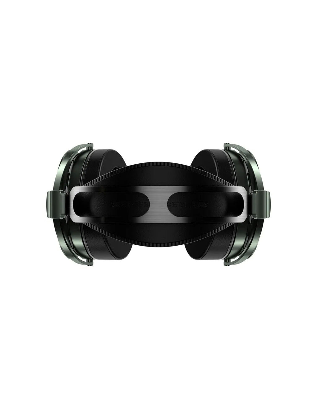 Closed-back circumaural headphones with black headband and green metal earcups