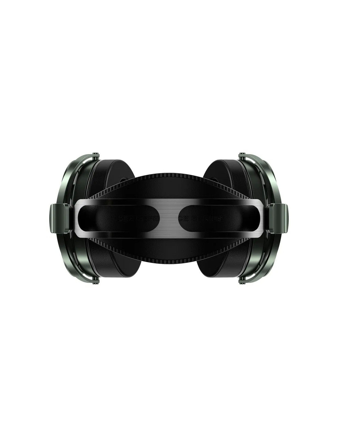 Closed-back circumaural headphones with black headband and green metal earcups