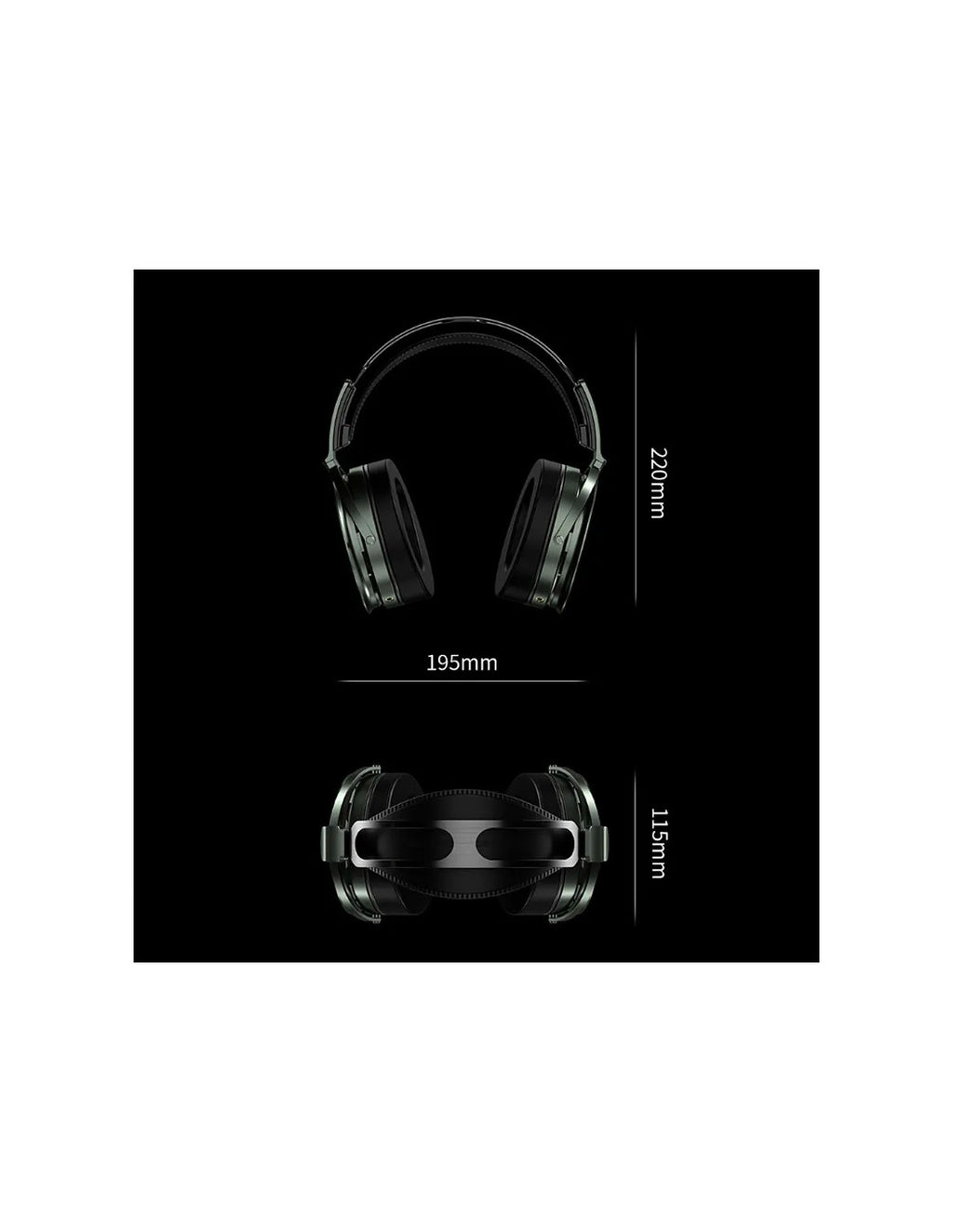 Black closed-back circumaural headphones shown from above and below with size marks