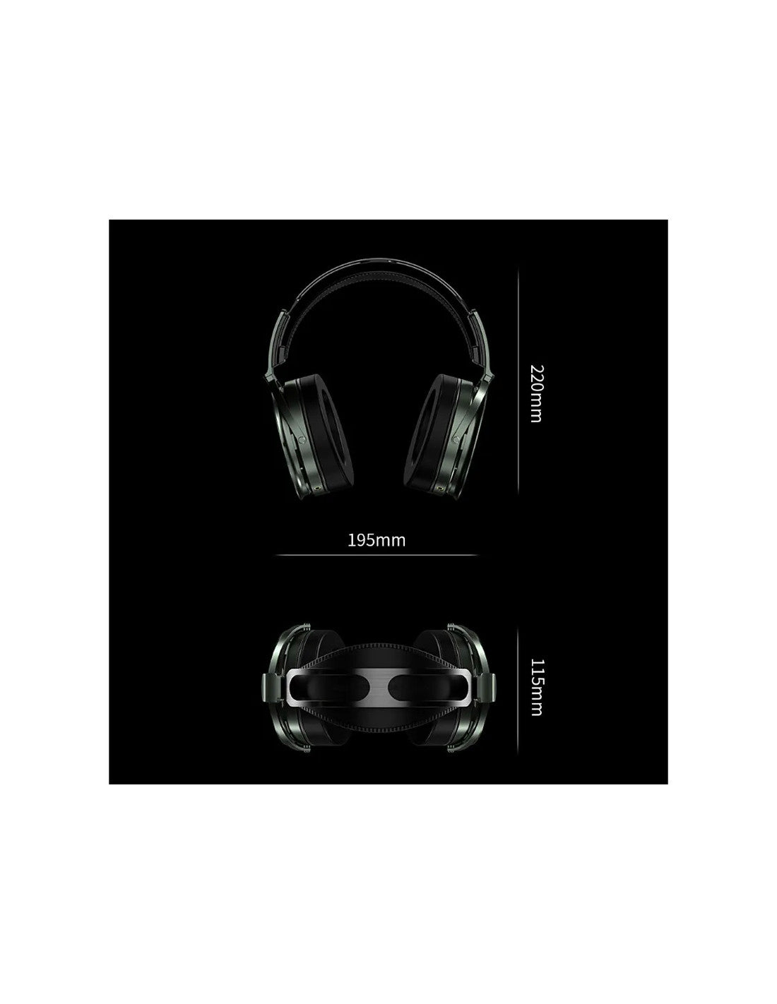 Black closed-back circumaural headphones shown from above and below with size marks