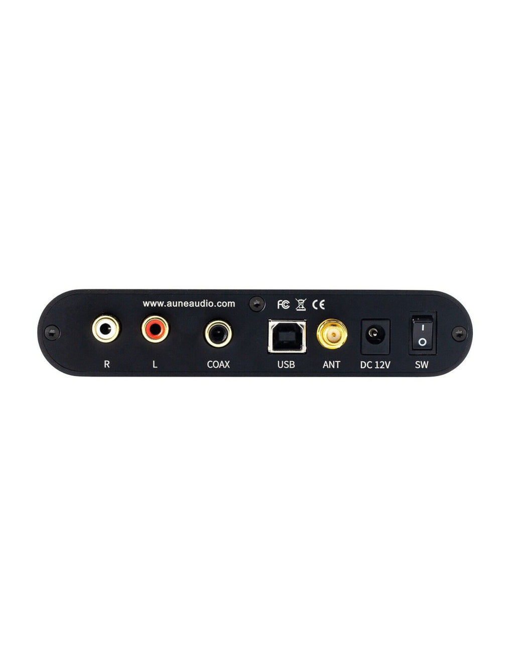 Rear panel of a black aune flamingo bd audio device with multiple connectors including RCA inputs, coaxial, USB, ANT, DC 12V power, and a switch, shown on a white background.