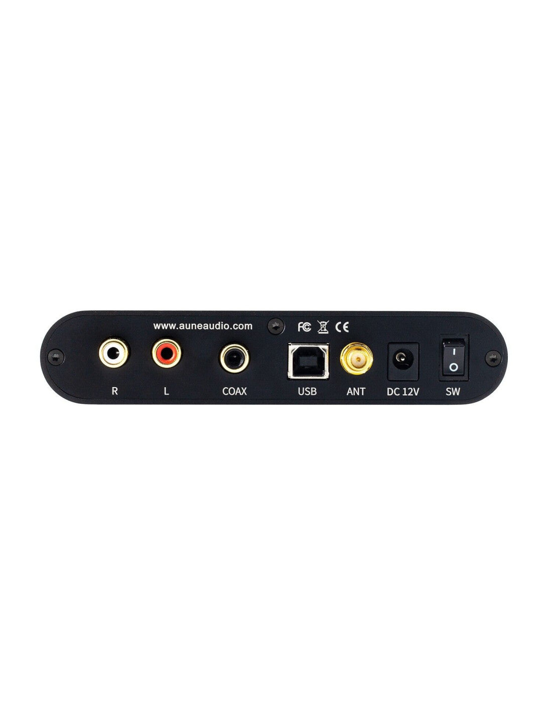 Rear panel of a black aune flamingo bd audio device with multiple connectors including RCA inputs, coaxial, USB, ANT, DC 12V power, and a switch, shown on a white background.
