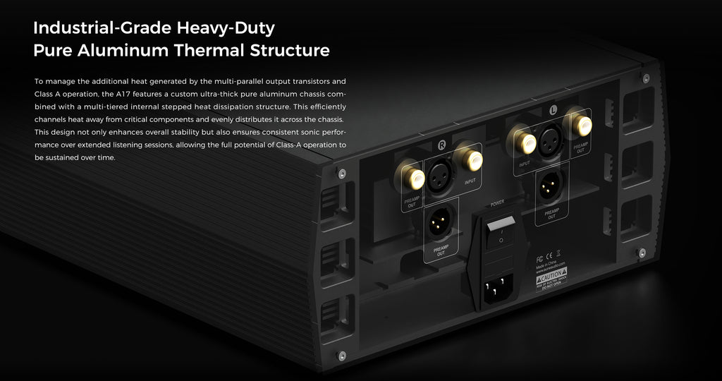 Headphone amplifier rear panel with visible power, audio, and output connector ports