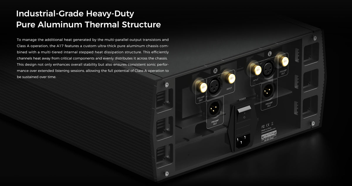 Headphone amplifier rear panel with visible power, audio, and output connector ports