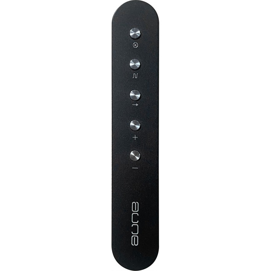 A sleek, black aune n7 wireless remote control with silver buttons and the 'eune' brand name printed vertically near the bottom, shown against a plain white background.