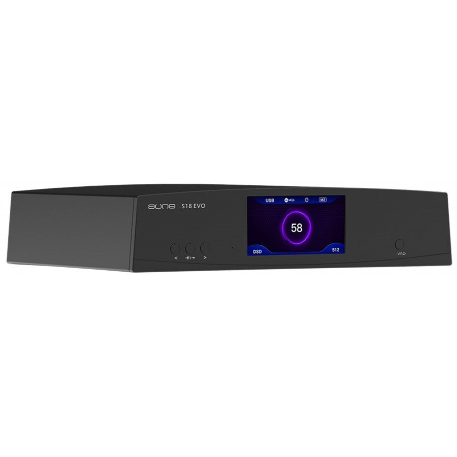 Aune S18 Evo DAC black digital-to-analog converter with blue display and controls