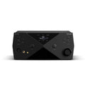 Black headphone amplifier front view with multiple knobs, ports, and digital display