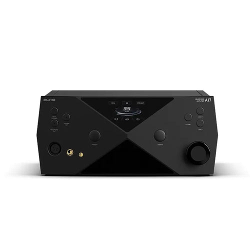 Black headphone amplifier front view with multiple knobs, ports, and digital display