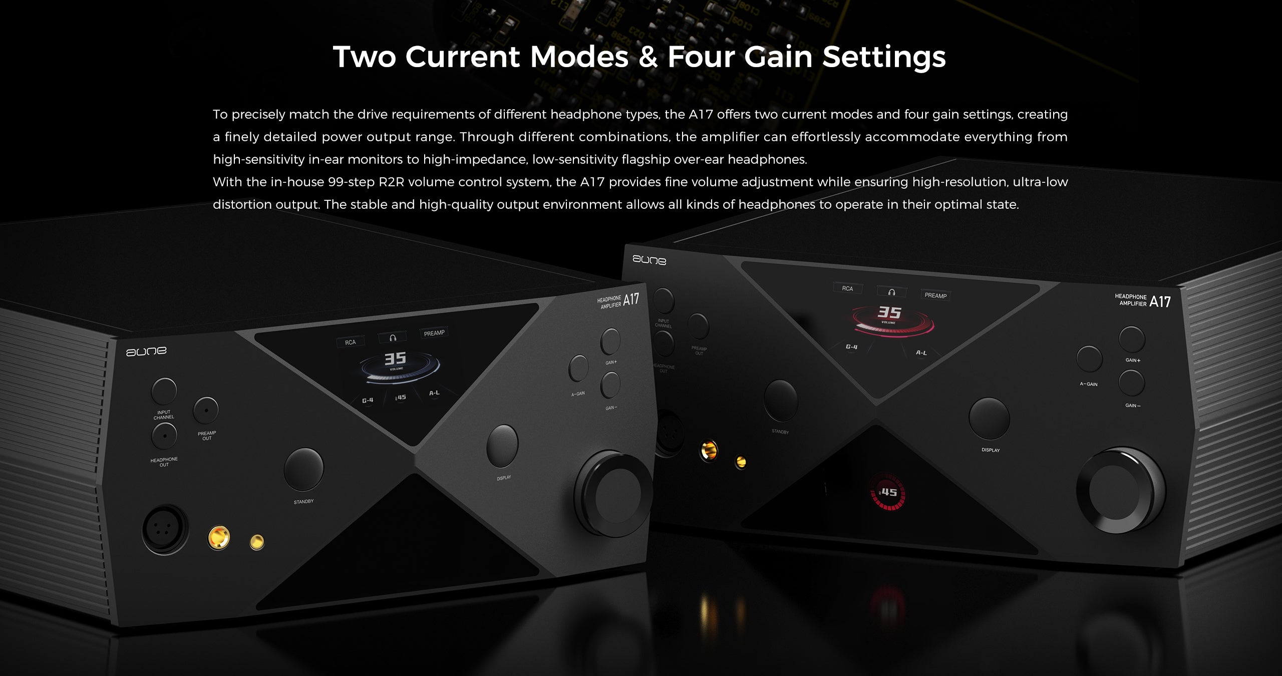 front view of the new aune A17 headphone amplifier at eden audio uk