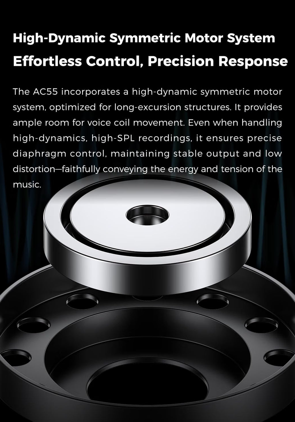 Promotional graphic for a high-dynamic symmetric motor system, featuring a close-up of a metallic circular motor component on a dark background with white descriptive text.