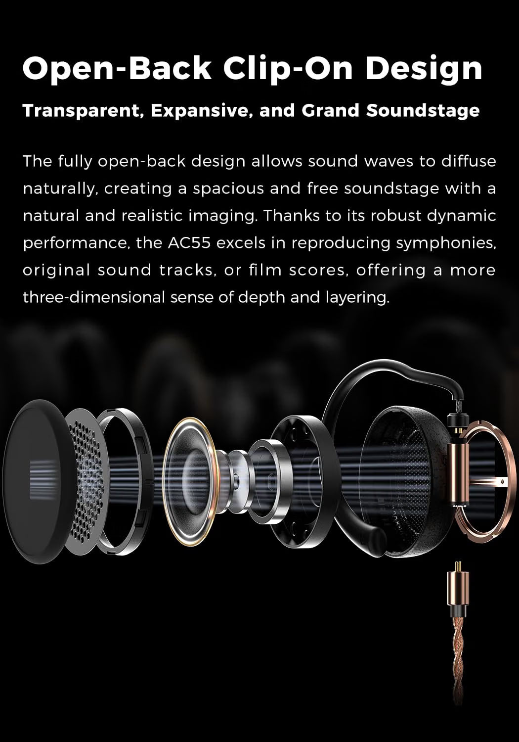 Headphone design with text about open-back clip-on design on a black background